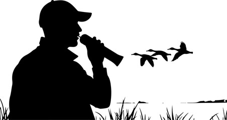 Silhouette of Hunter Using Duck Call with Flying Ducks"
