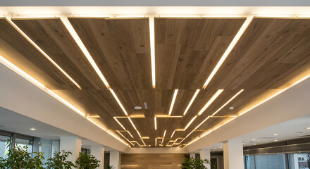 "Ceiling decoration in a luxury restaurant featuring suspended wood-look HPL panels with warm LED backlighting, contrasted with gypsum bulkhead framing"