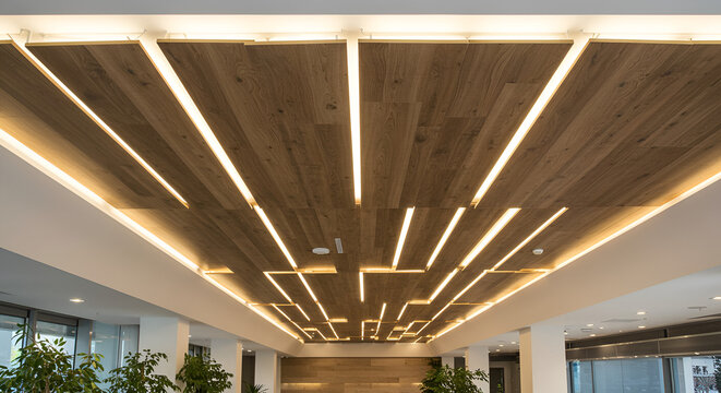 "Ceiling decoration in a luxury restaurant featuring suspended wood-look HPL panels with warm LED backlighting, contrasted with gypsum bulkhead framing"