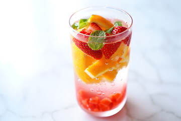 Refreshing summer fruit infused water with strawberries orange and mint