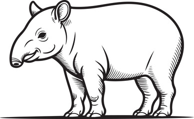 Black and white illustration of a tapir standing on a white background animal mammal