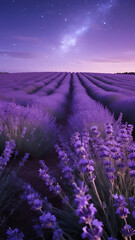 Obraz premium endless lavender fields glowing under a violet galaxy, stars cascading across the horizon