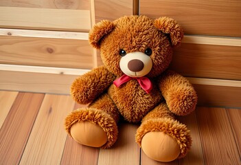 Obraz premium Brown plush bear toy, worn and loved, sitting on wooden floor, teddy bear, brown fur