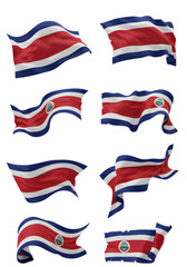 Costa Rican Flags in Red Blue and White Waving on Transparent Background