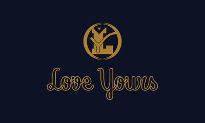 L Y letter calligraphy minimal monogram emblem style vector logo. Gold color and black background.