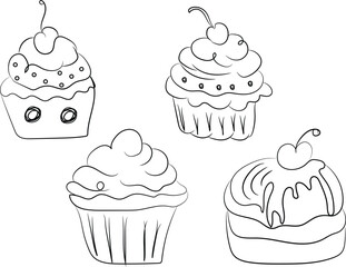 A cute set of vector birthday cupcakes with seamless chocolate and cherry patterns