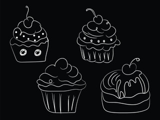 Cute and delicious cartoon cupcakes with chocolate cream and sweet strawberry cherry on a seamless party pattern vector illustration set