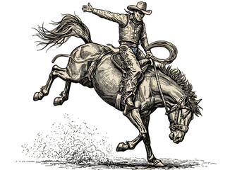 Cowboy Riding Bucking Bronco In Silhouette Illustration On Isolated Black