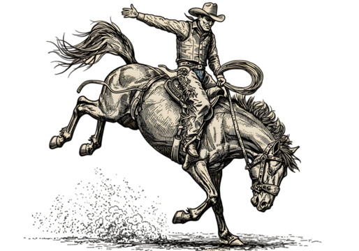 Cowboy Riding Bucking Bronco In Silhouette Illustration On Isolated Black