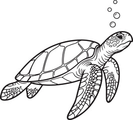 Fototapeta premium Sea Turtle Swimming Underwater with Bubbles Line Art Keywords: sea turtle, marine, animal, ocean, sea