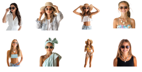 Collection of woman adjusting her travel sunglasses, ready for a sunny destination Stylish and prepared for the journey ahead. full length isolate on transparent background