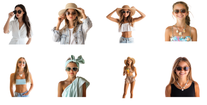 Collection of woman adjusting her travel sunglasses, ready for a sunny destination Stylish and prepared for the journey ahead. full length isolate on transparent background