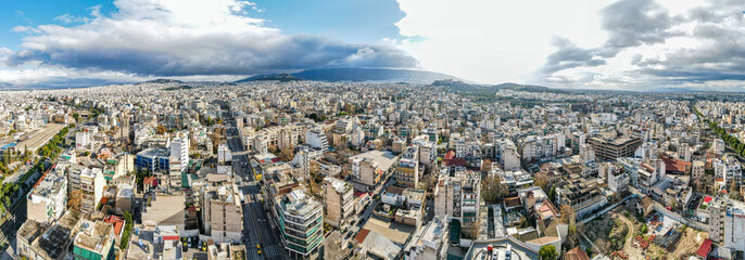 Aerial city landscape cloudy winter Mediterranean day in urban Kerameikos Athens Greece