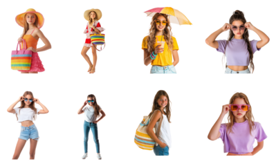 Collection of teen wearing a bright sun hat and holding a colorful straw bag Ready for a stylish, beach day outing. full length isolate on transparent background