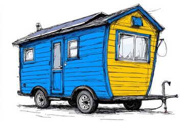 Obraz premium Whimsical Illustration of a Blue and Yellow Tiny House on Wheels