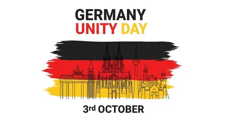 Germany unity day celebration with german flag colors and cityscape isolated on white background