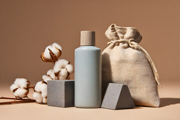 Light blue bottle with wooden cap and cotton burlap sack