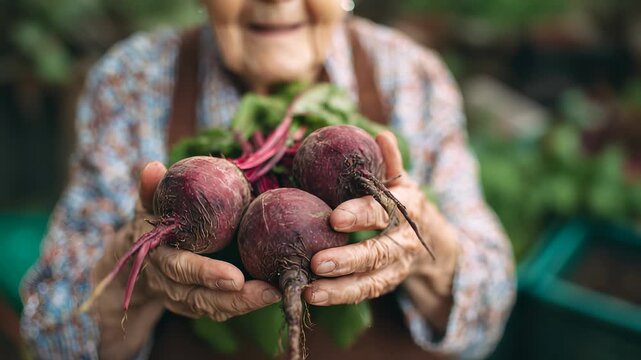 An elderly woman holding freshly harvested beets with leaves at a farmers market, symbol of care and hard work.