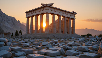 Fototapeta premium Ancient Greek Temple Ruins at Sunset with Majestic Stone Columns