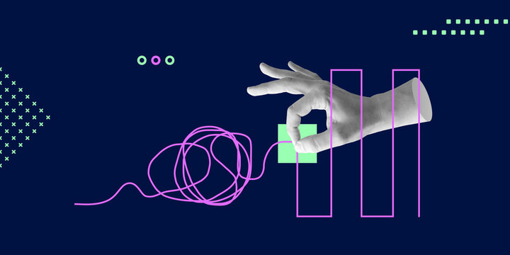 Hand pulling tangled line into order. Concept of solving complexity, problem-solving, and digital organization. Minimalist art collage - Powered by Adobe