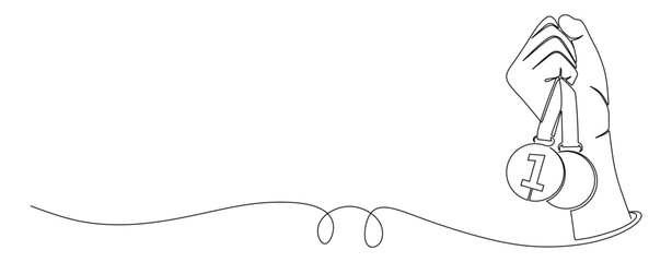 Continuous line art of a hand holding a medal. Concept of winner and 1st place. Vector illustration.