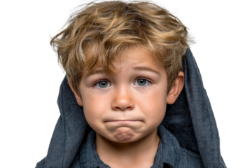 Sad child with tousled hair wearing a dark hoodie, showing disappointment and emotion, isolated on a solid background for creative use in imagery