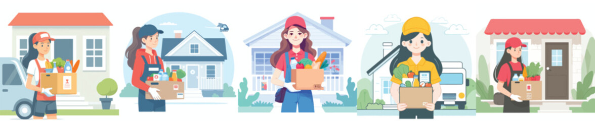 vector delivery woman delivering vegetable orders