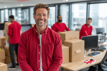 Movers collaborate effectively in a modern office relocation