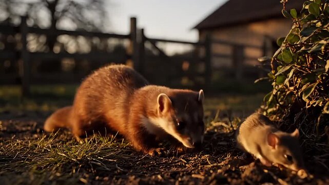 A curious weasel cautiously approaches a small mouse in a sun-drenched rural setting.