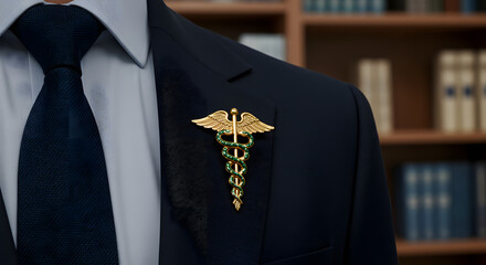 Business Professional with Caduceus Pin in Office Setting