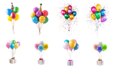 Collection of Balloons with a party hat Balloons paired with a party hat, representing a birthday or festive occasion. full length isolate on transparent background