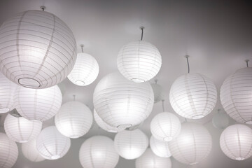 Traditional asian white paper lantern on the ceiling, Japanese Paper lamps.