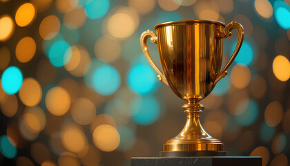 Elegant Golden Trophy on Dark Pedestal with Warm Bokeh Background