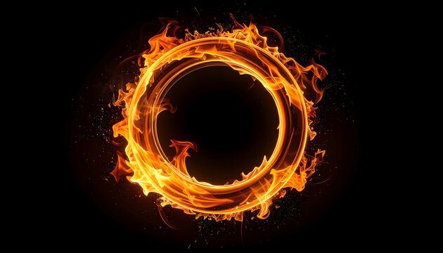Fiery ring of vibrant flames against a deep black backdrop, creating a striking visual with dynamic movement
