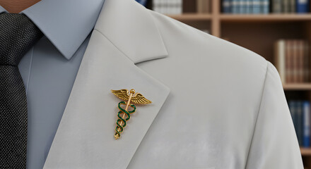 Caduceus Symbol Pin on Doctor's White Coat