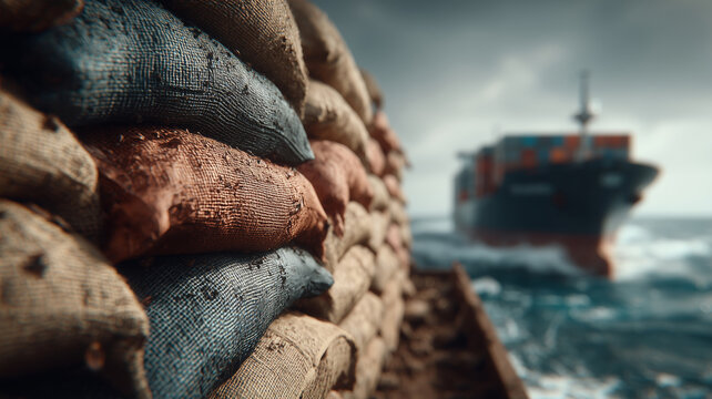 Cargo ship navigates rough seas alongside weathered sandbags