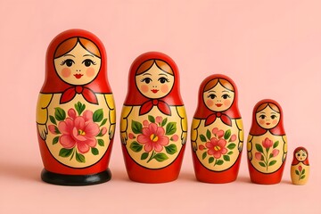 A set of five colorful traditional Russian nesting dolls, also known as Matryoshka dolls, displayed in ascending order of size against a plain pink background