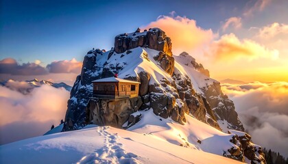 A magnificent mountain peak, capped with snow, hosts a small wooden hut, bathed in the golden hues of a breathtaking sunset, as clouds drift majestically below.