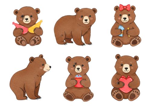 Cute Brown Bear Cartoon Illustration Collection Isolated On Transparent Background