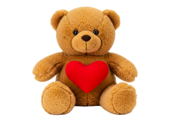Cute Brown Teddy Bear Holding Red Heart Isolated On Transparent Background