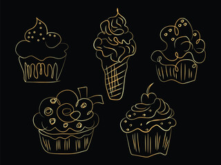 A sweet seamless vector pattern of cupcakes and cakes with cherry and chocolate cream decorations for a delicious celebration
