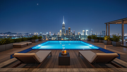 Obraz premium Luxurious Rooftop Pool at Night with City Skyline View