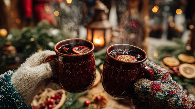 Hands hold steaming mugs of mulled wine, surrounded by Christmas market decorations, capturing the warmth and holiday spirit of a traditional German Christmas celebration.