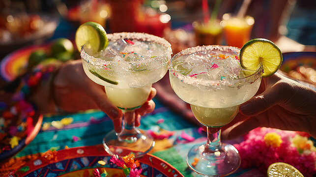 Hands hold margarita glasses adorned with lime wedges and salt, surrounded by vibrant Mexican decorations, creating a festive atmosphere for Cinco de Mayo.