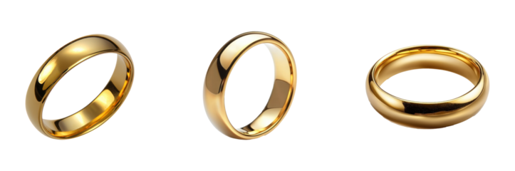 Collection of gold ring features a polished surface, smooth and shiny to the touch. full length isolate on transparent background