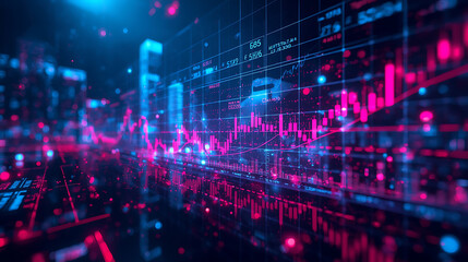 futuristic financial dashboard with glowing stock charts and data visualizations