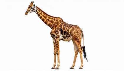 Fototapeta premium Giraffe with long neck spotted golden brown coat slender legs tall wild animal isolated on white background 