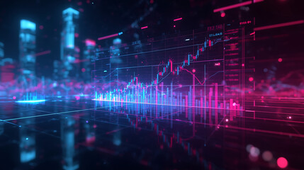 futuristic financial dashboard with glowing stock charts and data visualizations