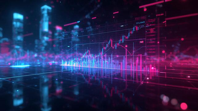 futuristic financial dashboard with glowing stock charts and data visualizations