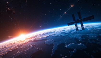 Earth from space with glowing atmosphere, satellites and stars background World Space Week concept
